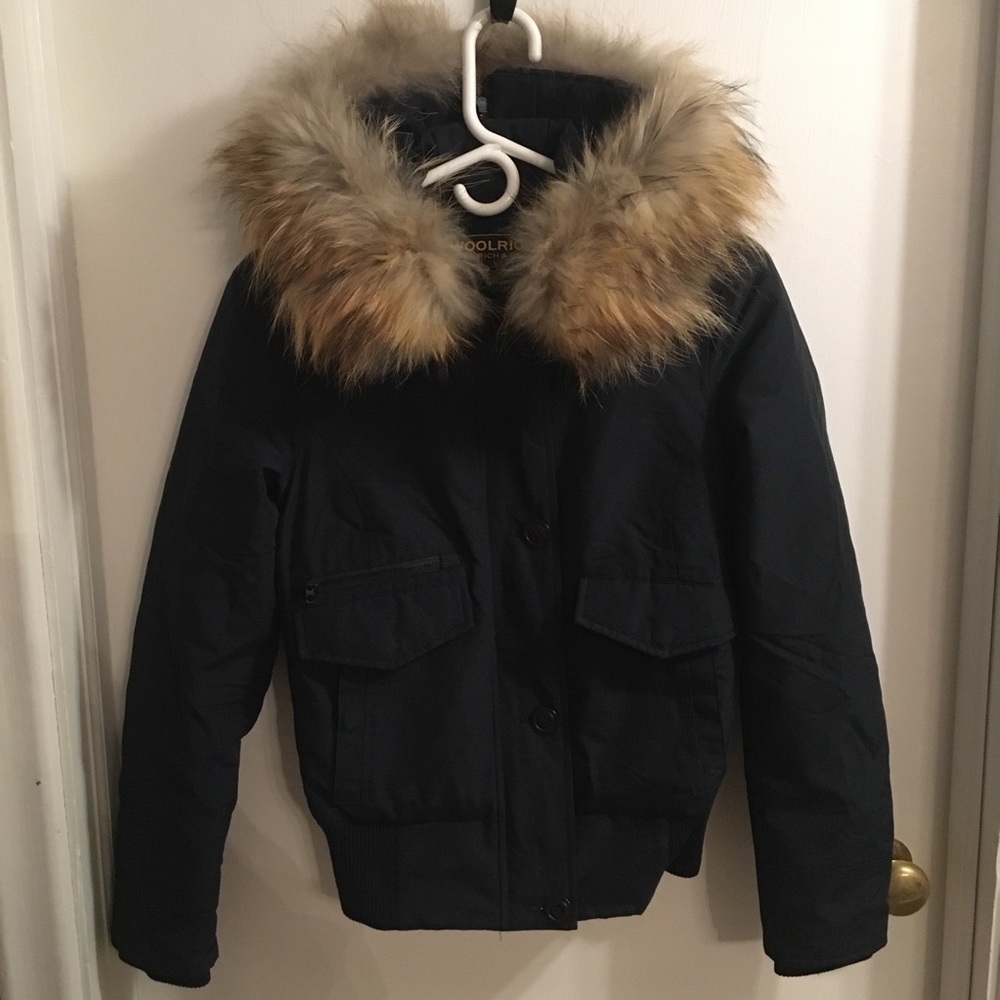 Woolrich raccoon fur down bomber jacket in XS